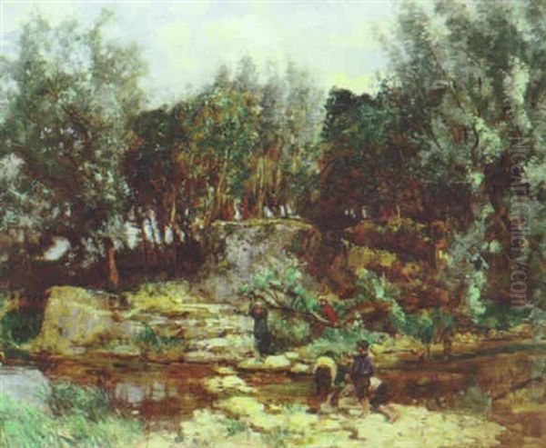 Children Playing On The Banks Of A River Oil Painting by Robert Noble