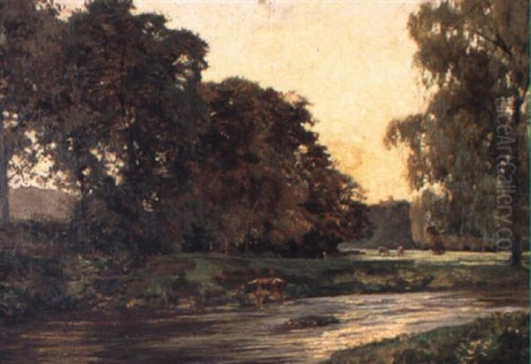 River Landscape At Sunset Oil Painting by Robert Noble