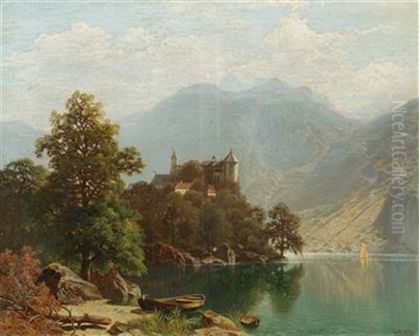 Alpine Lake Scene Oil Painting by Theodor (Wilhelm T.) Nocken