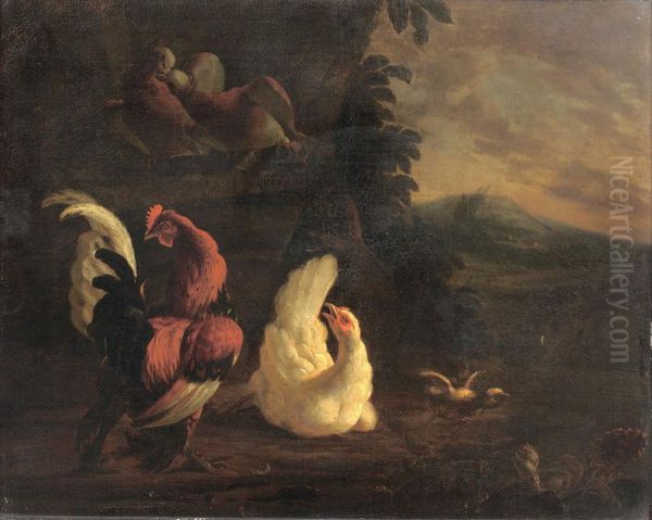 A Cockerel And Chickens In A Landscape Oil Painting by Abraham Bisschop