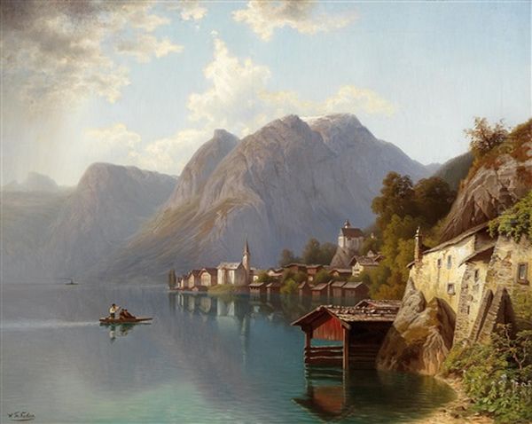 View Of Hallstatt Oil Painting by Theodor (Wilhelm T.) Nocken