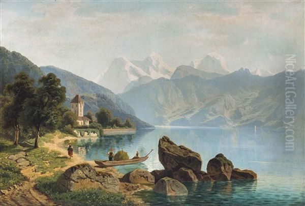 Blick Auf Schloss Oberhofen Am Thuner See/schweiz Oil Painting by Theodor (Wilhelm T.) Nocken