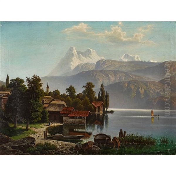 Hilterfingen Mit Blick Auf Eiger, Monch Und Jungfrau Oil Painting by Theodor (Wilhelm T.) Nocken