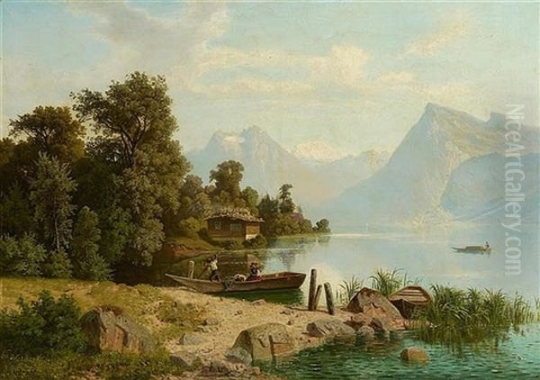 At The Shore Of A Mountain Lake Oil Painting by Theodor (Wilhelm T.) Nocken