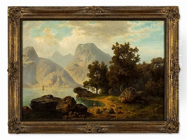 Alpine Lake Oil Painting by Theodor (Wilhelm T.) Nocken