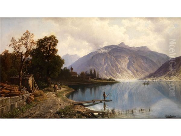 Blick Auf Einen Alpsee Mit Fischer Oil Painting by Theodor (Wilhelm T.) Nocken