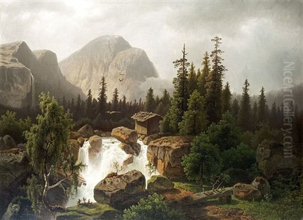 Am Wasserfall In Den Alpen Oil Painting by Theodor (Wilhelm T.) Nocken