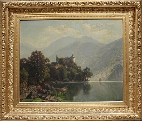 Schloss An Einem Gebirgssee In Osterreich Oil Painting by Theodor (Wilhelm T.) Nocken