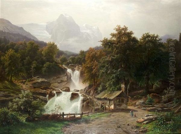 Alpenlandschaft Mit Muhle Am Tosenden Wasserfall Oil Painting by Theodor (Wilhelm T.) Nocken