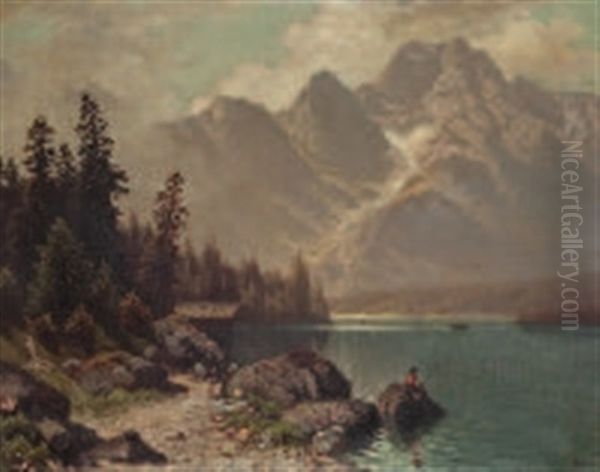 Bergsee Mit Fischer Oil Painting by Theodor (Wilhelm T.) Nocken