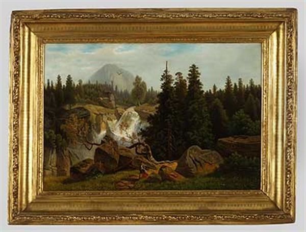 Ausflugler Am Wasserfall Oil Painting by Theodor (Wilhelm T.) Nocken