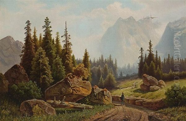 Wanderer In Gebirgslandschaft Oil Painting by Theodor (Wilhelm T.) Nocken