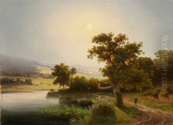 Seelandschaft Mit Wanderer In Spatsommerdunst Oil Painting by Theodor (Wilhelm T.) Nocken