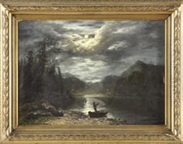 Von Bergen Gesaumter See Im Mondschein Mit Kahnfahrer Oil Painting by Theodor (Wilhelm T.) Nocken