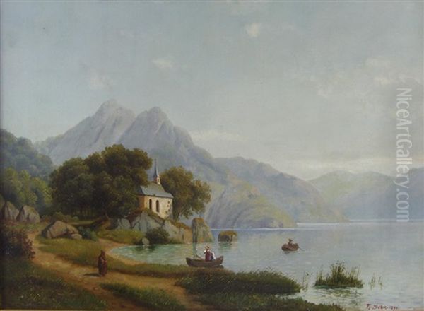 Gebirgssee Mit Kapelle An Einem Sommertag Oil Painting by Theodor (Wilhelm T.) Nocken