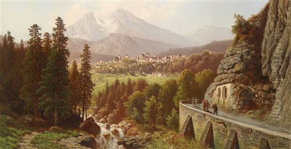 Blick Auf Berchtesgaden, Im Vordergrund Wanderer Oil Painting by Theodor (Wilhelm T.) Nocken