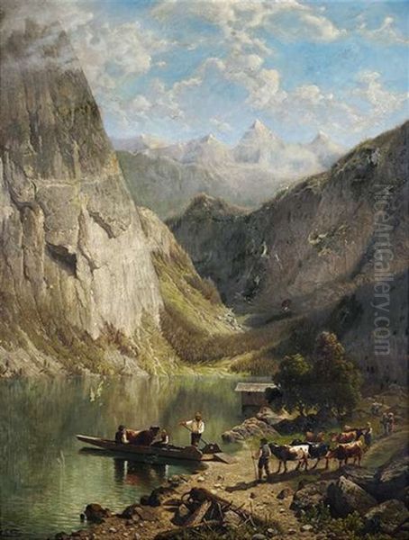 Viehtrieb Am Hochgebirgssee Oil Painting by Theodor (Wilhelm T.) Nocken