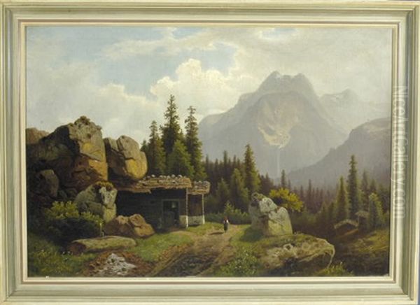 Blick Von Einer Belebten Gebirgsdorfszenerie Auf Den Gegenuberliegenden Watzmann Oil Painting by Theodor (Wilhelm T.) Nocken