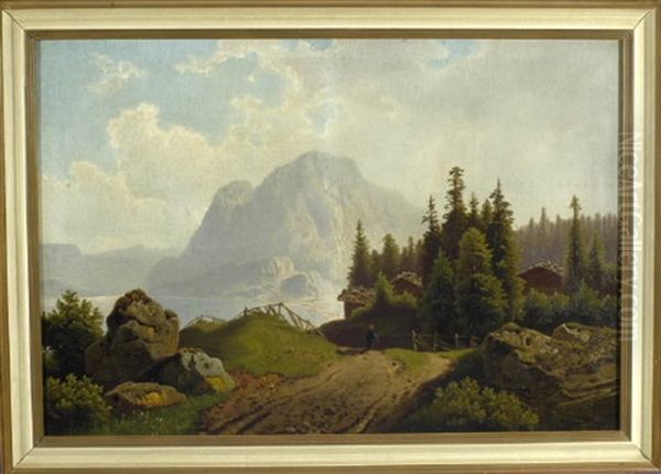 Wanderer In Gebirgslandschaft Mit See Oil Painting by Theodor (Wilhelm T.) Nocken