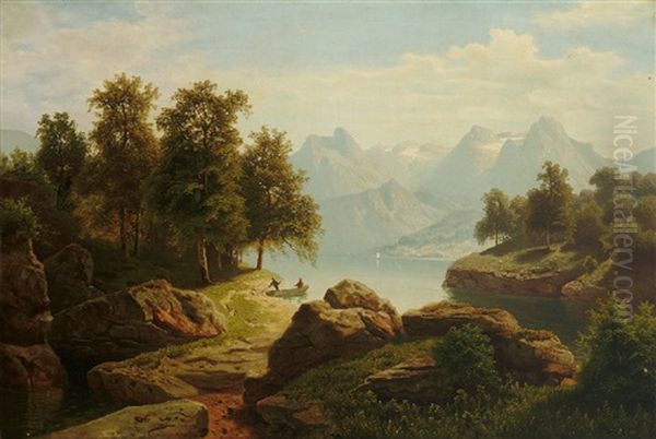 Blick Auf Den Vierwaldstatter See Mit Prachtvollem Gebirgshorizont by Theodor (Wilhelm T.) Nocken