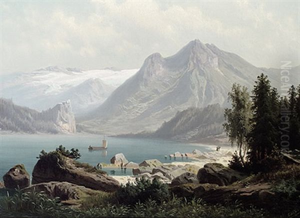 Hochgebirgslandschaft Mit See An Einem Prachtvollen Sommertag Oil Painting by Theodor (Wilhelm T.) Nocken