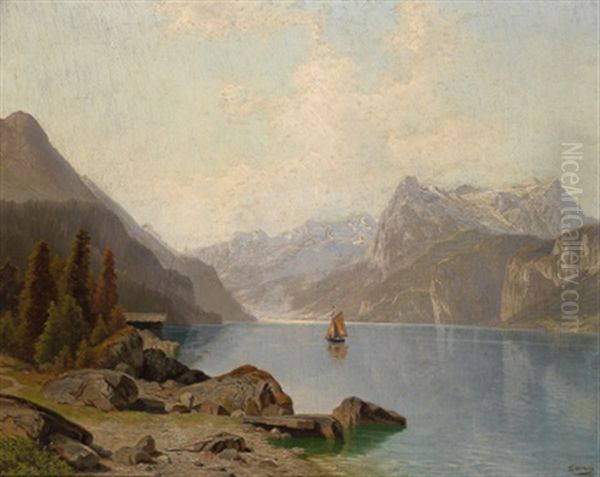 Ein Gebirgssee Oil Painting by Theodor (Wilhelm T.) Nocken