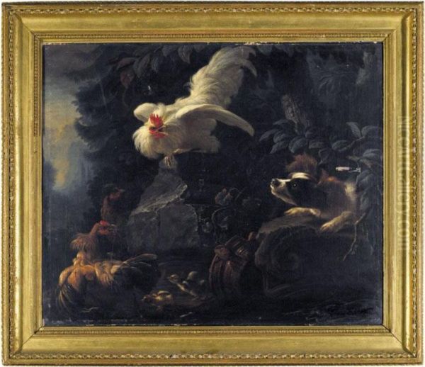 Landscape With A Spaniel Startling Chickens And Their Chicks Oil Painting by Abraham Bisschop