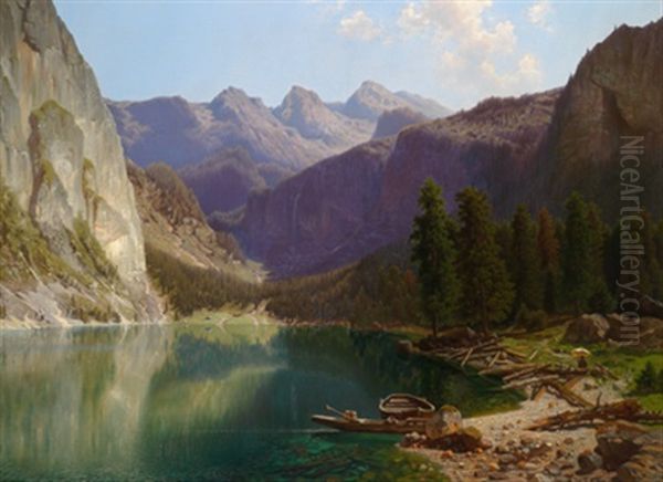 Der Maler An Einem Gebirgssee Oil Painting by Theodor (Wilhelm T.) Nocken