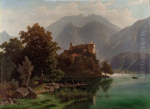 Alpine Seelandschaft Mit Burg (golling) Oil Painting by Theodor (Wilhelm T.) Nocken