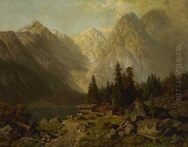 Hirte Mit Herde Am Ufer Eines Gebirgssees Oil Painting by Theodor (Wilhelm T.) Nocken