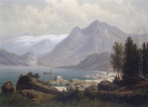 Gebirgssee Mit Alpenpanorama Oil Painting by Theodor (Wilhelm T.) Nocken