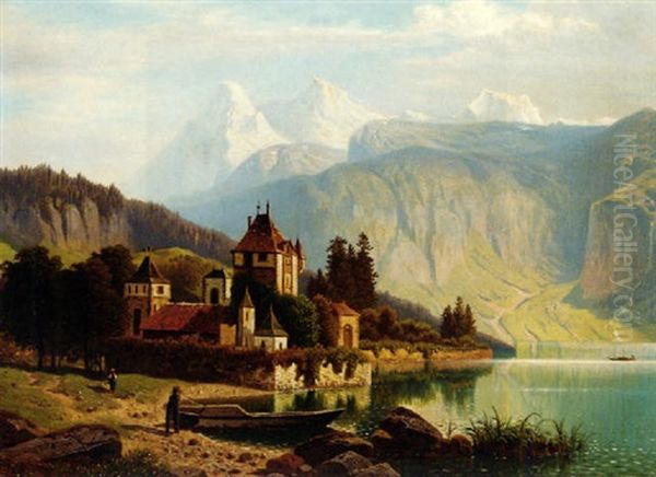 A Chateau In The Foothills Of The Alps Oil Painting by Theodor (Wilhelm T.) Nocken