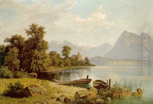 Alpensee Oil Painting by Theodor (Wilhelm T.) Nocken