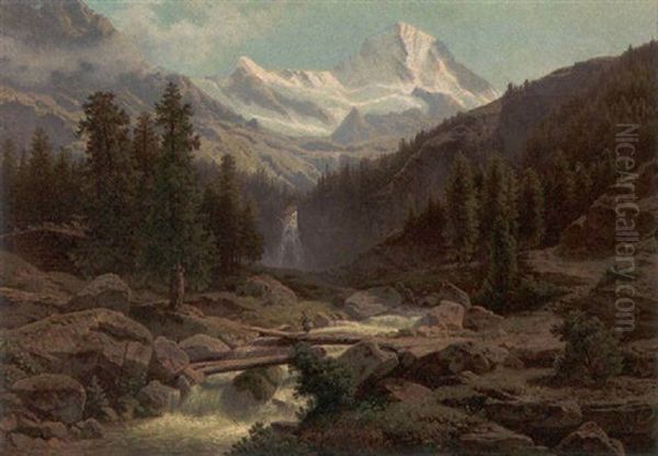 Der Schmadribach Und Das Breithorn (berner Oberland) Oil Painting by Theodor (Wilhelm T.) Nocken