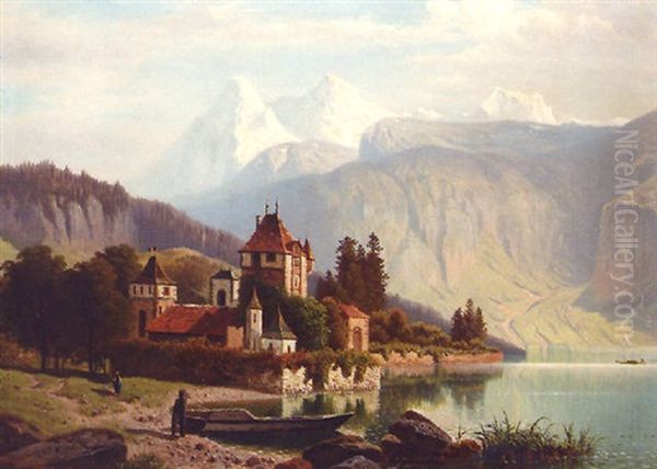 A Castle In A Mountainous Alpine Landscape Oil Painting by Theodor (Wilhelm T.) Nocken