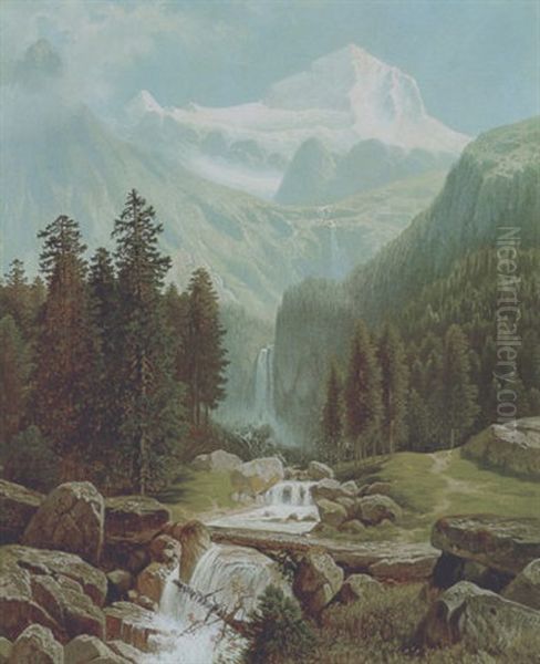 Blick In Das Lauterbacher Tal Mit Wasserfallen Und Jungfrau Massiv Oil Painting by Theodor (Wilhelm T.) Nocken