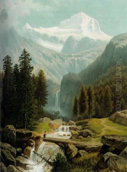 Blick In Das Lauterbacher Tal Mit Wasserfallen Und Jungfrau-massiv An Einem Prachtvollen Sonnigen Sommertag Oil Painting by Theodor (Wilhelm T.) Nocken