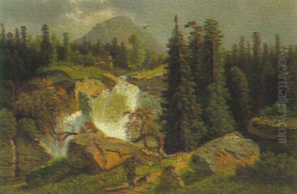 Alpenlandschaft Mit Einem Wasserfall Und Wanderer Oil Painting by Theodor (Wilhelm T.) Nocken