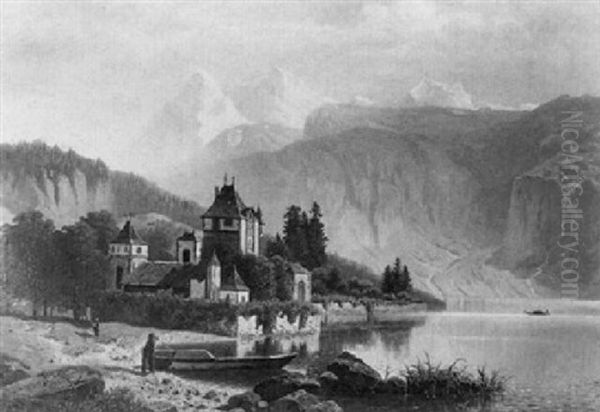 Schlos Am Ufer Eines Gebirgssees (schweiz?) Oil Painting by Theodor (Wilhelm T.) Nocken