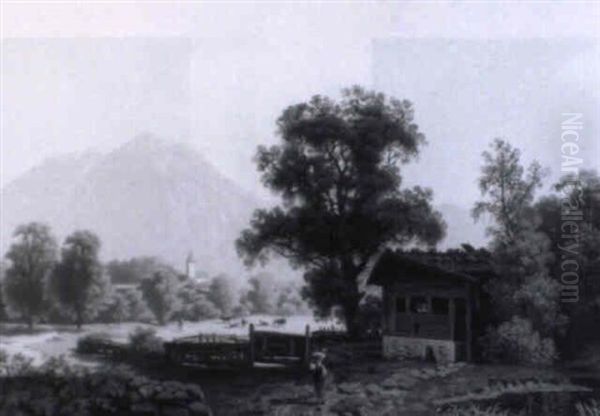 Untergrainau Mit Almspitze (karwendel-wetterstein) Oil Painting by Theodor (Wilhelm T.) Nocken