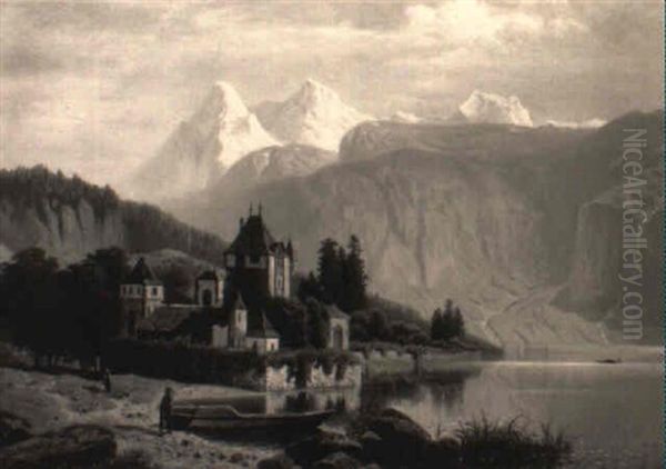 Alpenseelandschaft - Am Ufer Eine Burganlage Oil Painting by Theodor (Wilhelm T.) Nocken