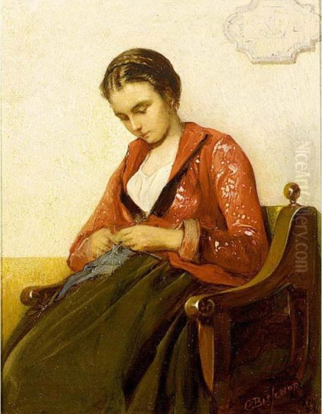 Girl Knitting Oil Painting by Christoffel Bisschop