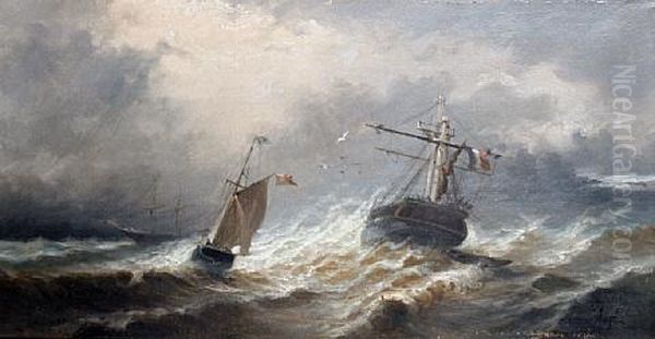 French Ships In A Swell Oil Painting by Paul Ange Nocquet