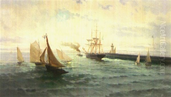 Blick Von Einem Hafen Auf Zahlreiche Segelboote Und Raddampfer Oil Painting by Paul Ange Nocquet