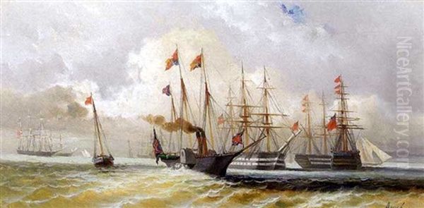 Ships In Harbour Oil Painting by Paul Ange Nocquet