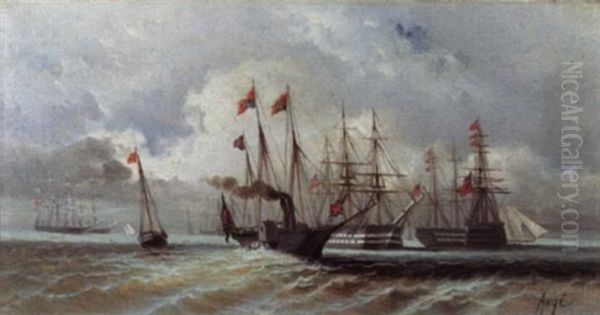 A Naval Encounter Oil Painting by Paul Ange Nocquet