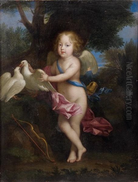 Portrait D'un Jeune Garcon En Cupidon Jouant Avec Des Colombes Oil Painting by Jean Nocret