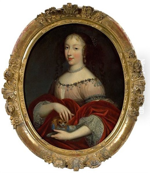 Portrait De Henriette- Anne D'angleterre (?), Duchesse D'orleans Avec Un Petit Chien Oil Painting by Jean Nocret