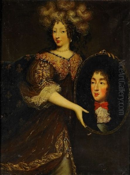 Formodligen Portrattet Av La Grande Demoiselle Med Ett Portratt Av Louis Xiv Oil Painting by Jean Nocret