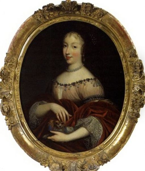 Portrait De Henriette-anne D'angleterre, Duchesse D'orleans Avec Un Petit Chien (?) Oil Painting by Jean Nocret